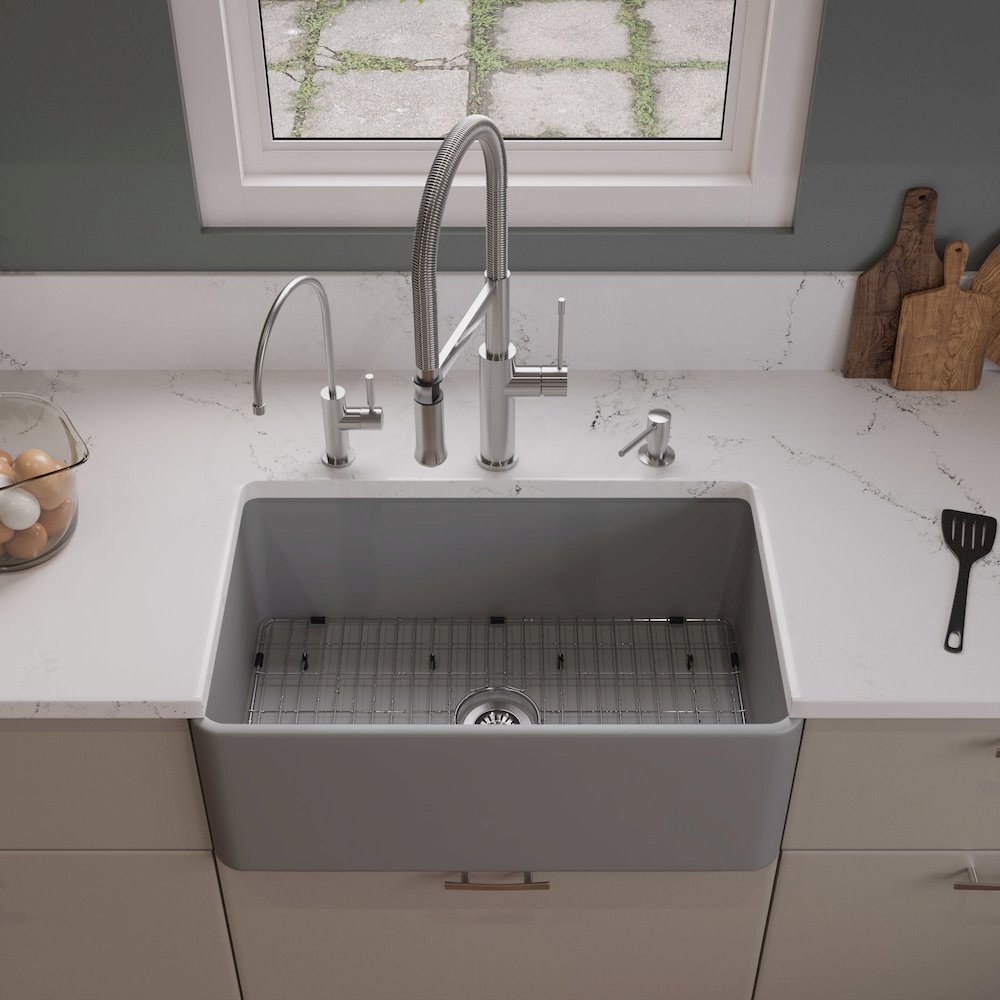 Gray Matte Smooth Apron 30" x 18" Single Bowl Fireclay Farm Sink. Picture 3