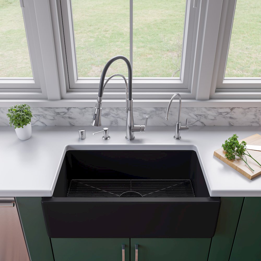 33" Black Matte Reversible Smooth / Fluted Single Bowl Fireclay Farm Sink. Picture 4