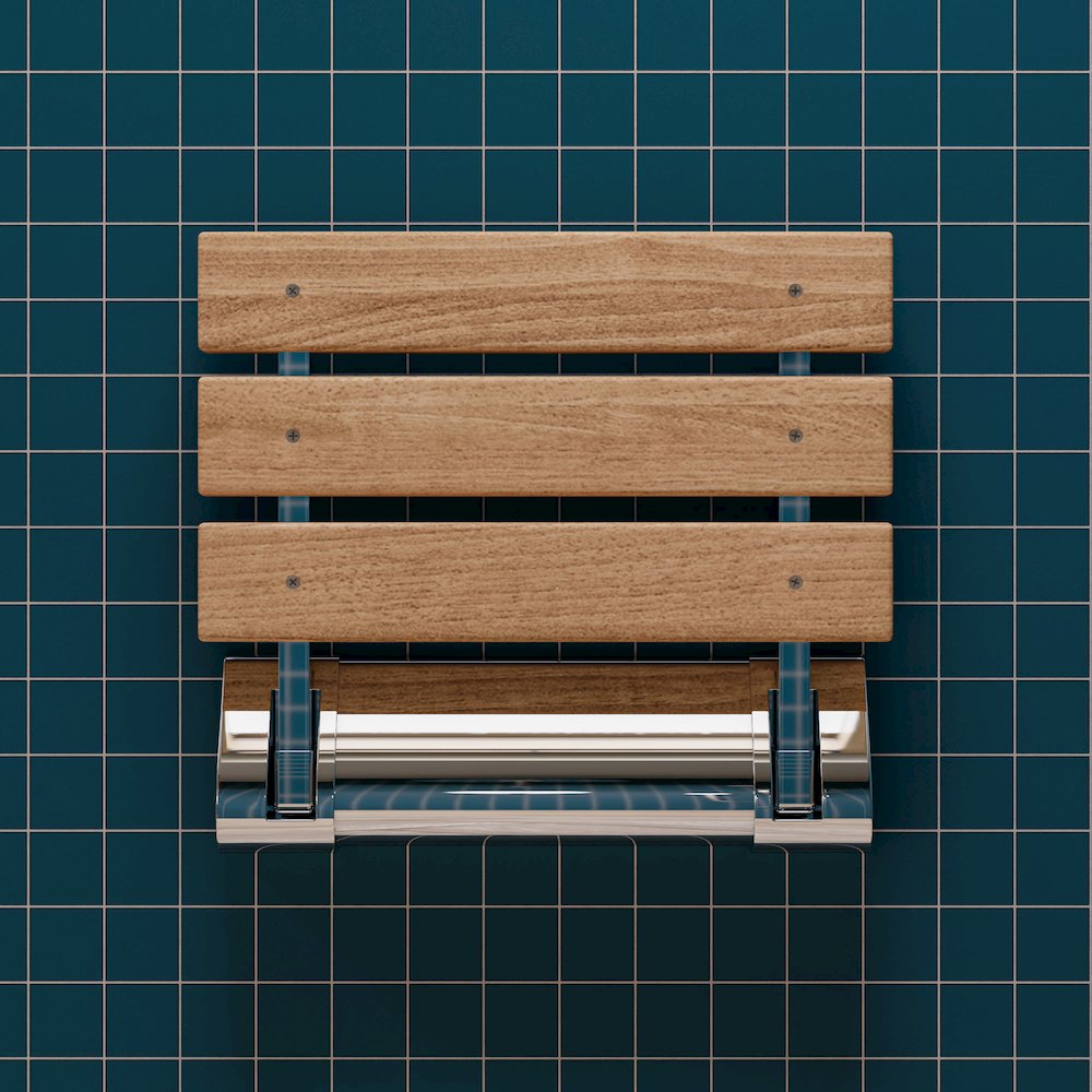 Polished Chrome 14" Folding Teak Wood Shower Seat Bench. Picture 6
