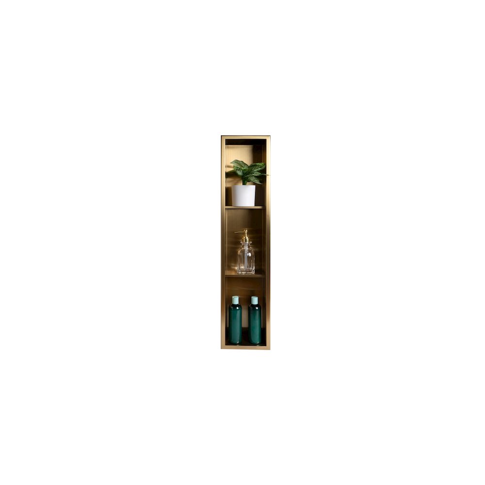 8" x 36" Brushed Gold PVD Stainless Steel Vertical Triple Shelf Shower Niche. Picture 7
