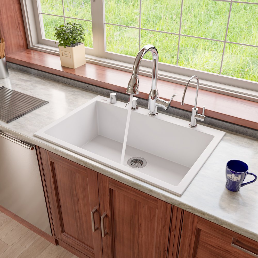 White 33" Single Bowl Drop In Granite Composite Kitchen Sink. Picture 2