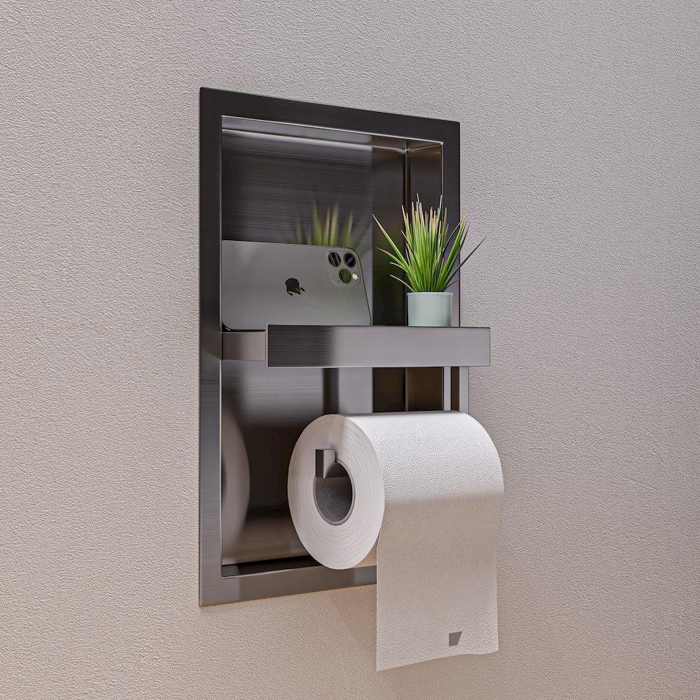 ALFI brand Brushed Stainless Steel Recessed Toilet Paper Holder Niche. Picture 2