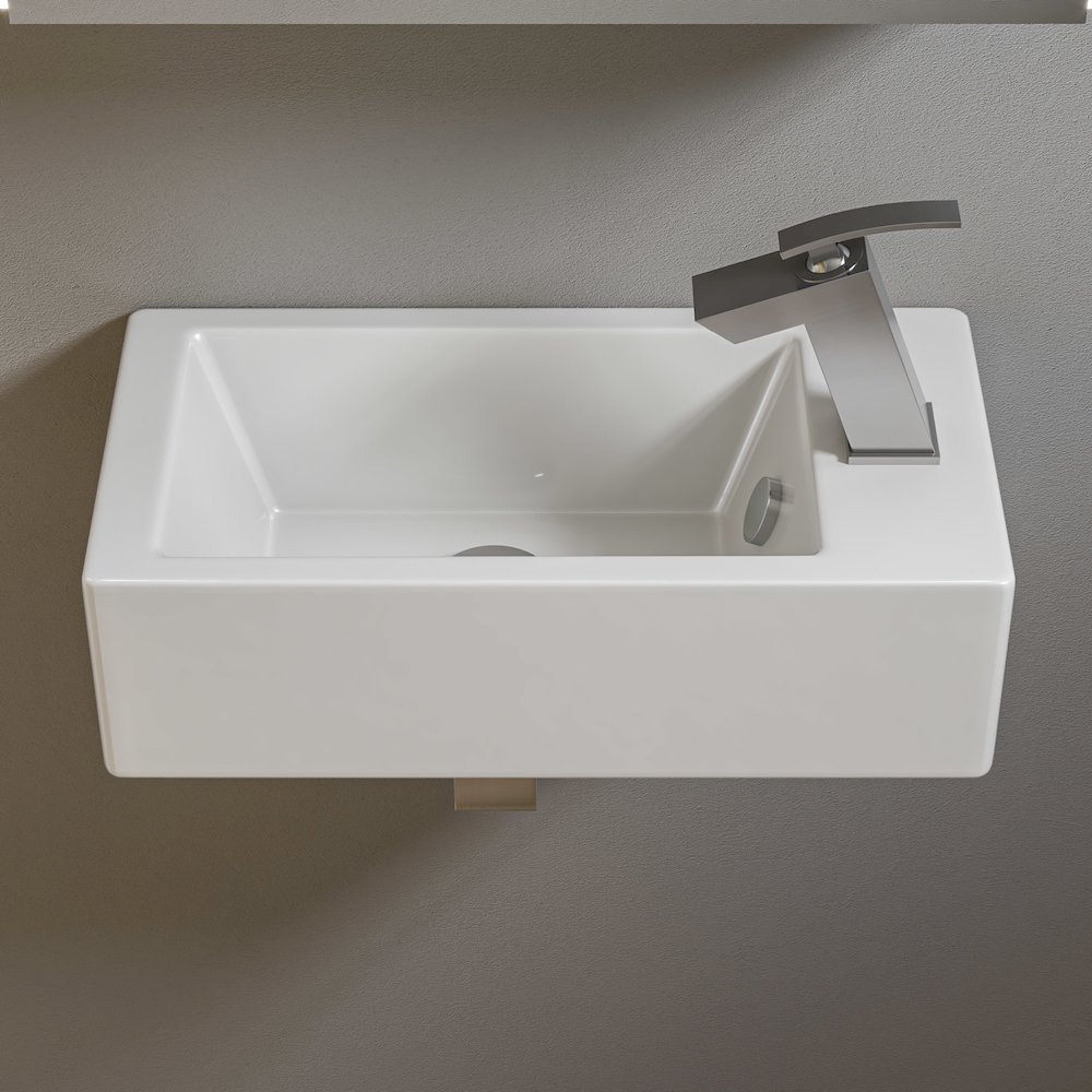White 20" Small Rectangular Wall Mounted Ceramic Sink with Faucet Hole. Picture 4