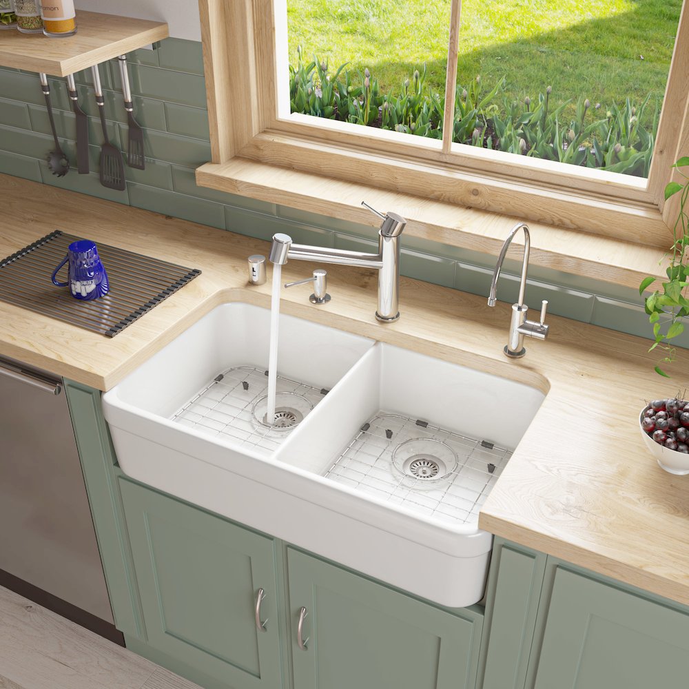 White 32" Double Bowl Lip Apron Fireclay Farmhouse Kitchen Sink with 1 3/4" Lip. Picture 2