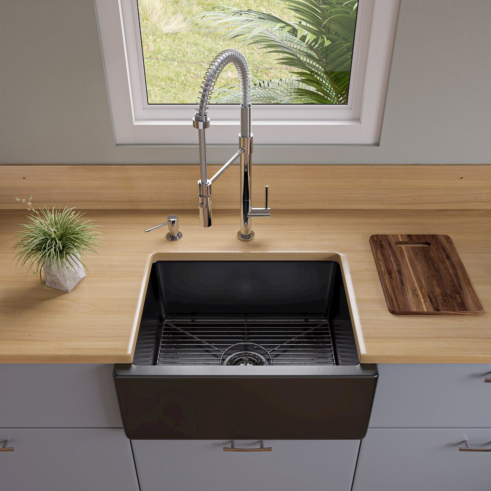 24" Black Gloss Reversible Smooth / Fluted Single Bowl Fireclay Farm Sink. Picture 6