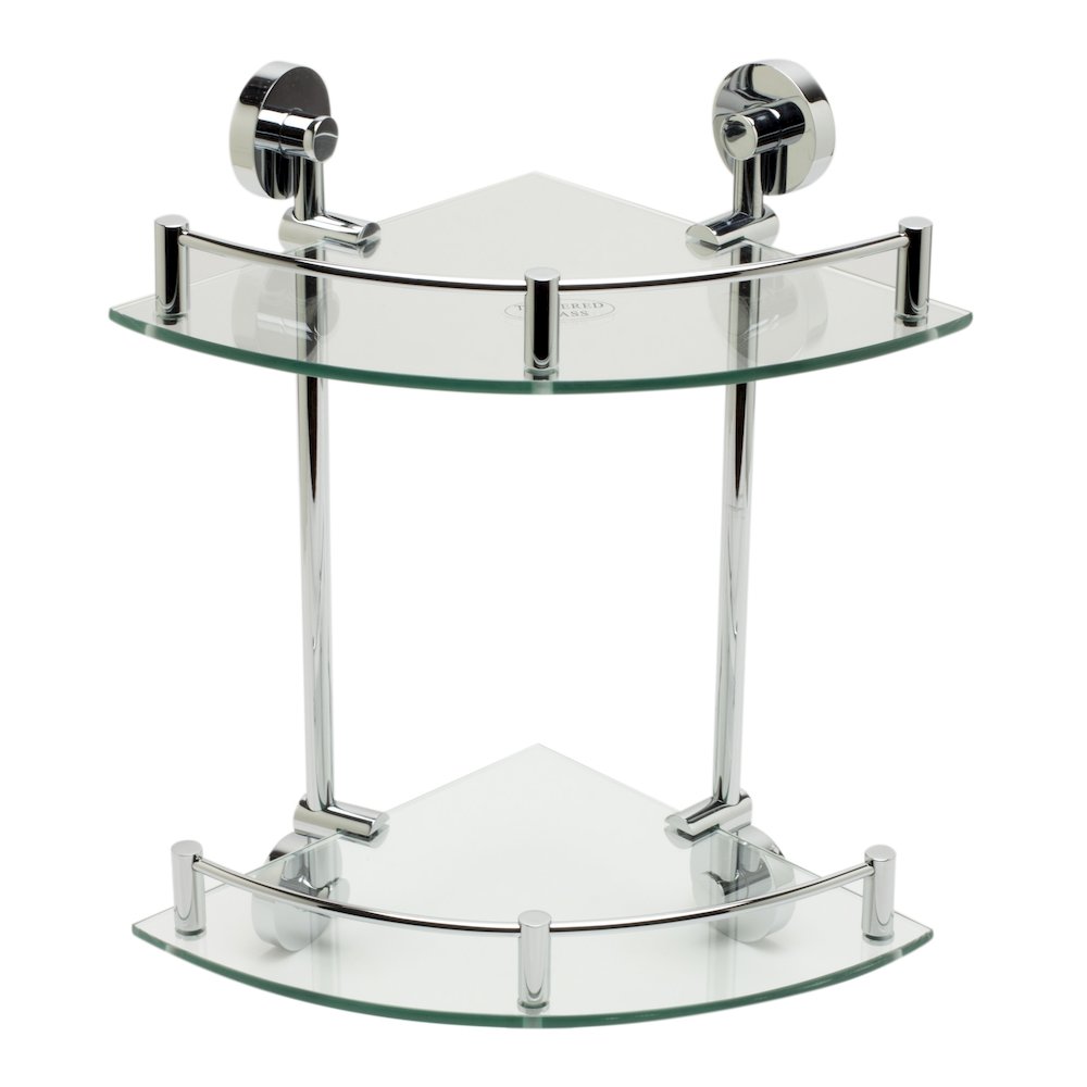 Polished Chrome Corner Mounted Double Glass Shower Shelf Bathroom Accessory. Picture 3