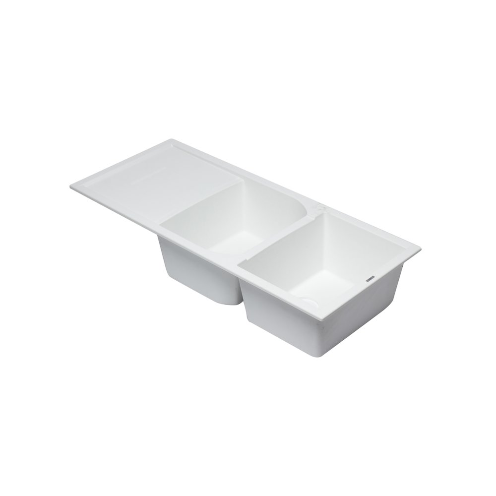 White 46" Double Bowl Granite Composite Kitchen Sink with Drainboard. Picture 1