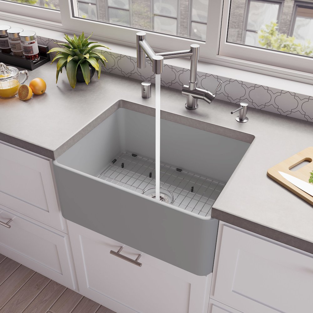 Gray Matte Smooth Apron 24" x 18" Single Bowl Fireclay Farm Sink. Picture 2