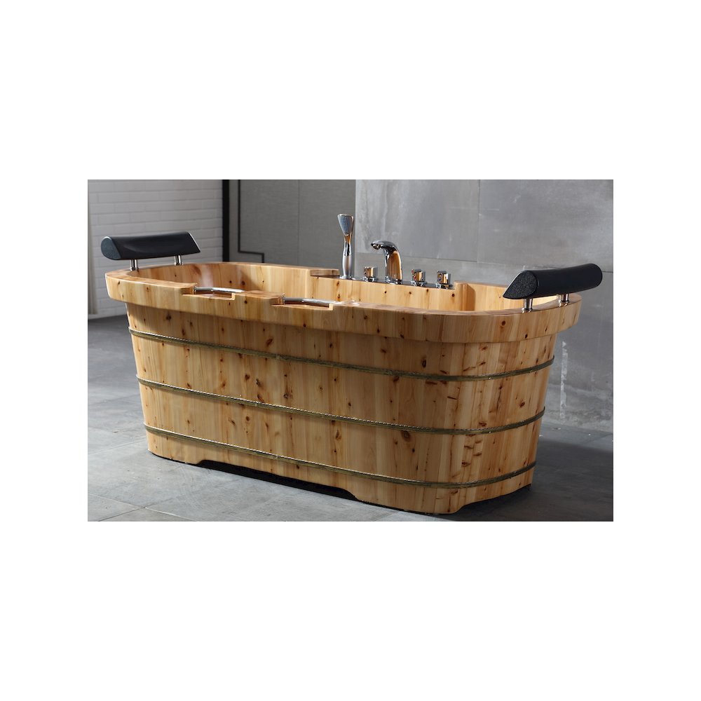 65" 2 Person Free Standing Cedar Wooden Bathtub with Fixtures & Headrests. Picture 2