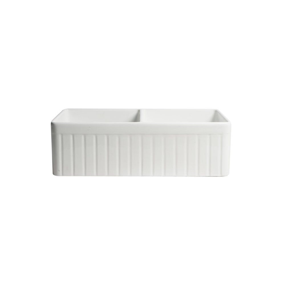 White Smooth Apron 33" x 18" Double Bowl Fireclay Farm Sink. Picture 9