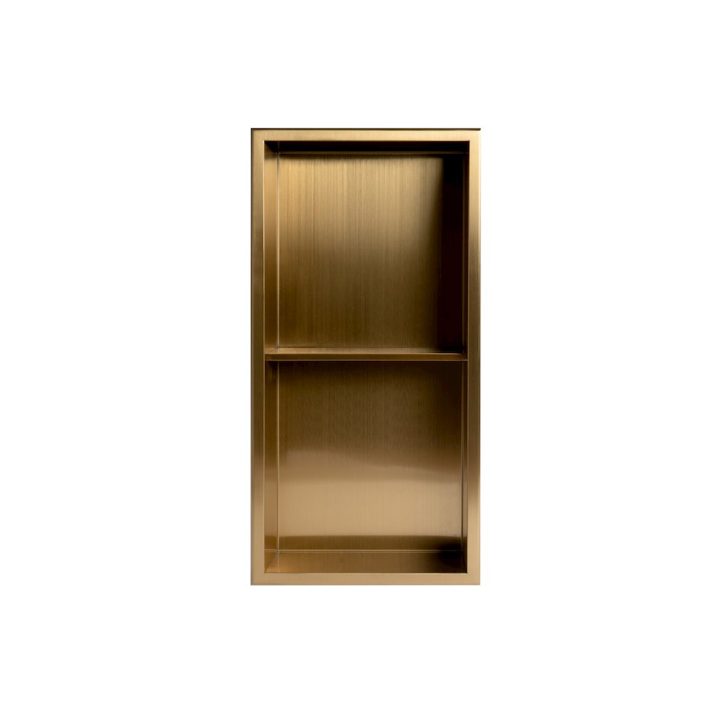 12" x 24" Brushed Gold PVD Stainless Steel Vertical Double Shelf Shower Niche. Picture 6