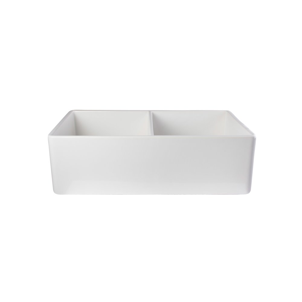 White 32" Smooth Apron Double Bowl Fireclay Farmhouse Kitchen Sink. Picture 6