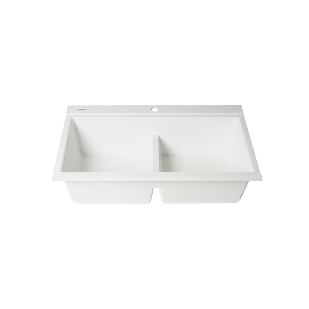 White 33" Granite Composite Workstation Step Rim Double Bowl Drop In Sink. Picture 8