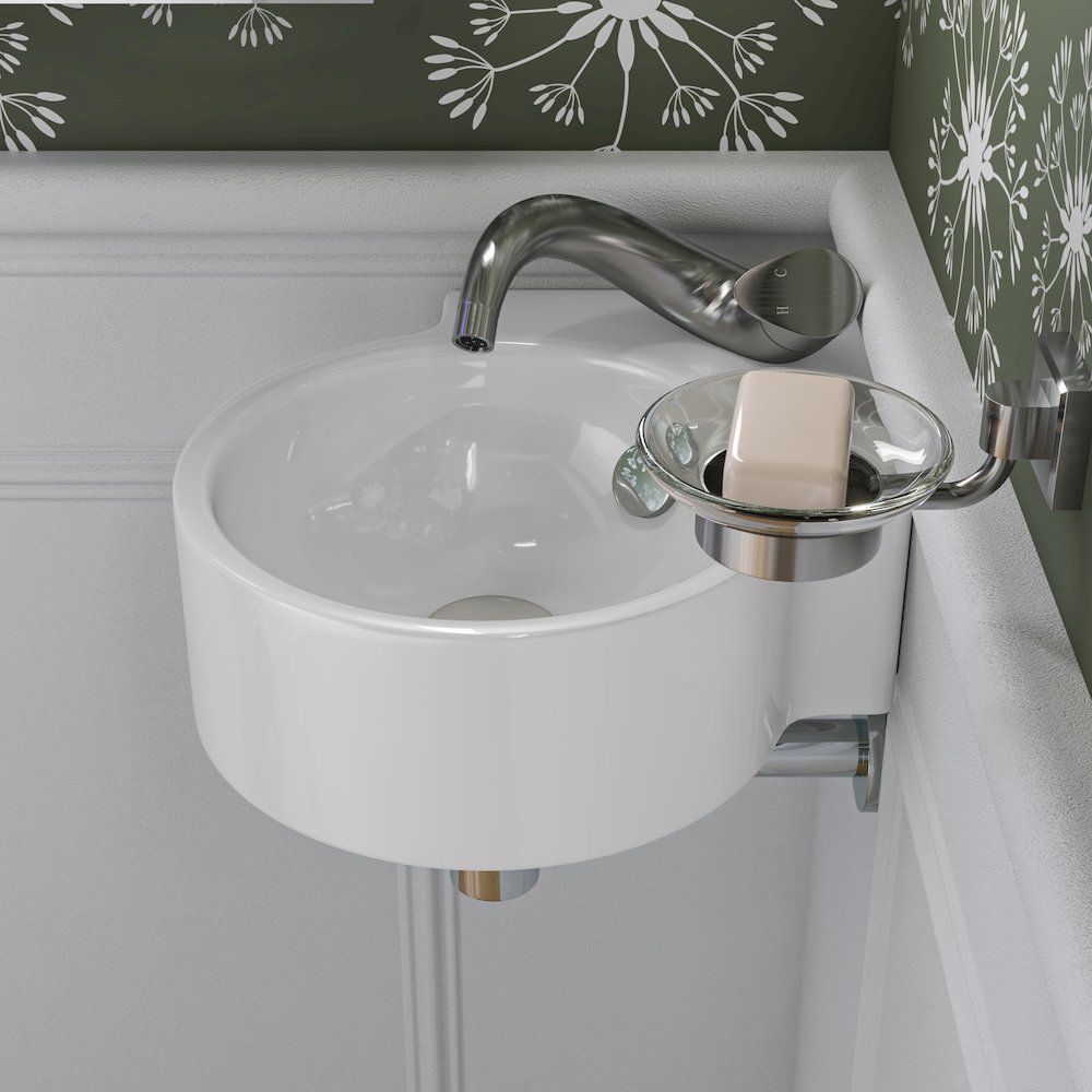 White 17" Tiny Corner Wall Mounted Ceramic Sink with Faucet Hole. Picture 3