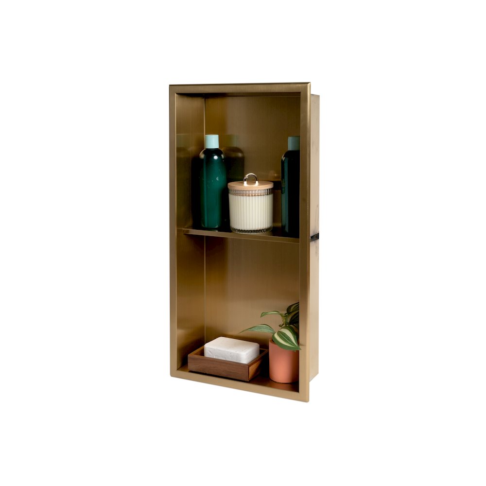 12" x 24" Brushed Gold PVD Stainless Steel Vertical Double Shelf Shower Niche. Picture 4