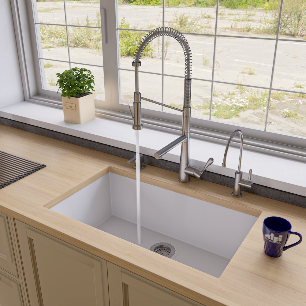 White 33" Single Bowl Undermount Granite Composite Kitchen Sink. Picture 2