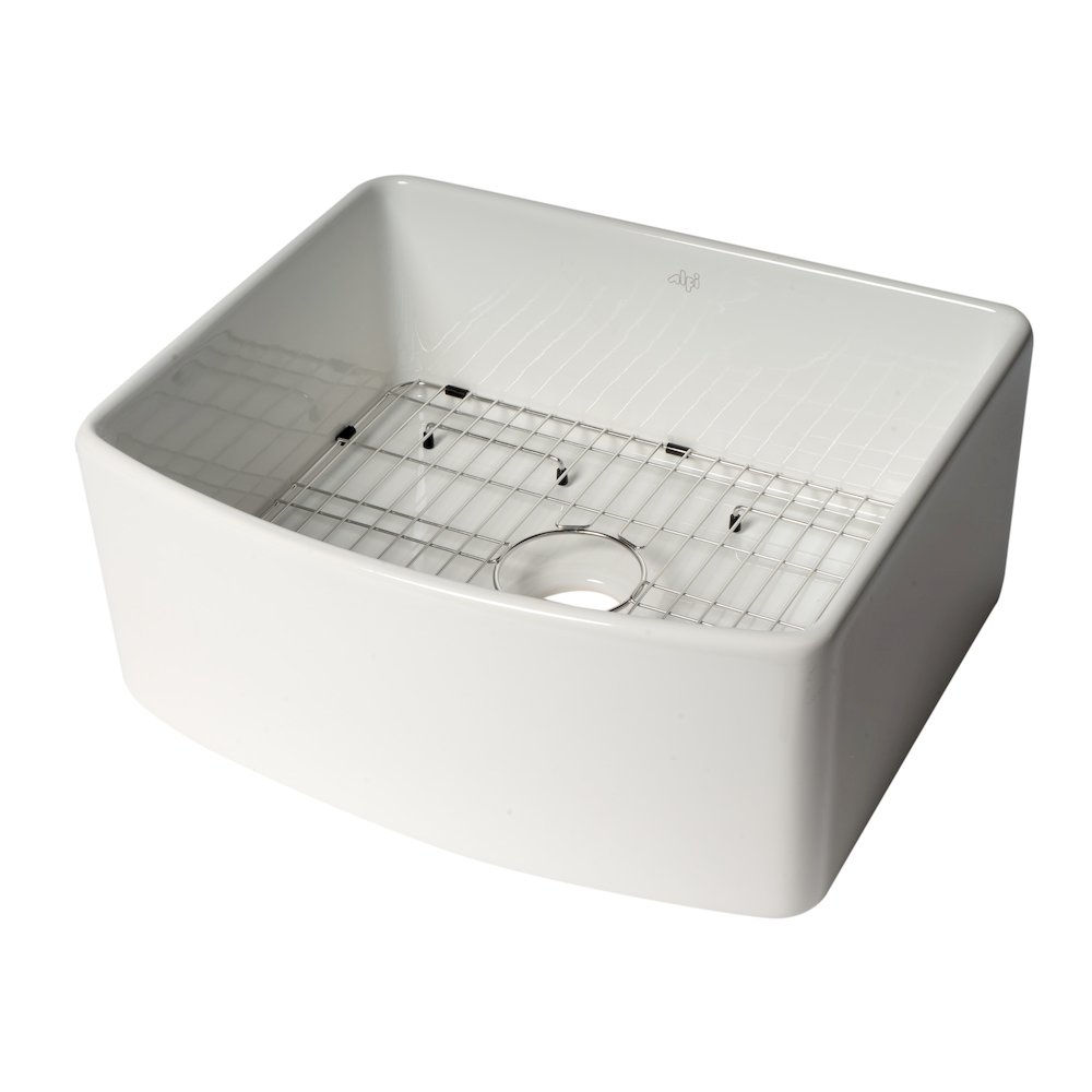 ALFI Brand White Smooth Curved Apron 24" x 20" Single Bowl Fireclay Farm Sink. Picture 1