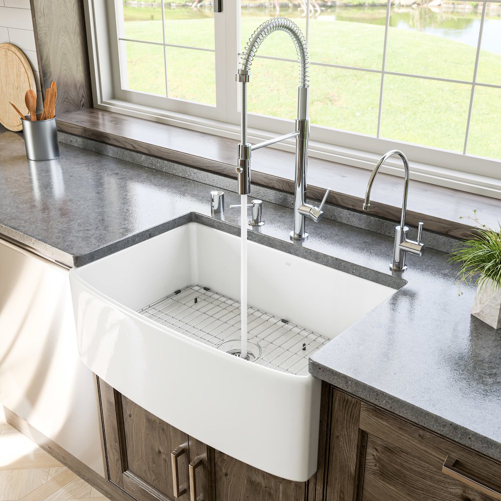 ALFI Brand White Smooth Curved Apron 30" x 20" Single Bowl Fireclay Farm Sink. Picture 3