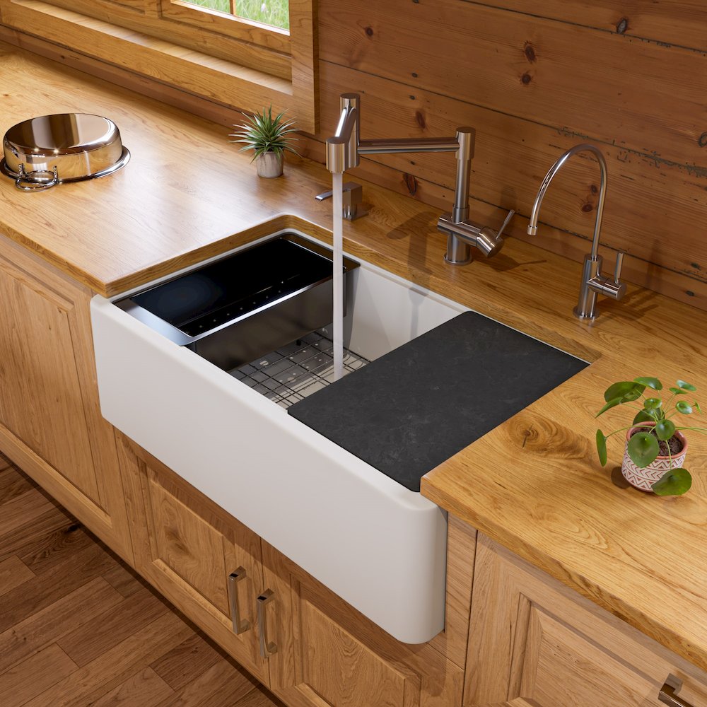 White 33" Granite Composite Single Bowl Drop In Farm Sink with Accessories. Picture 2