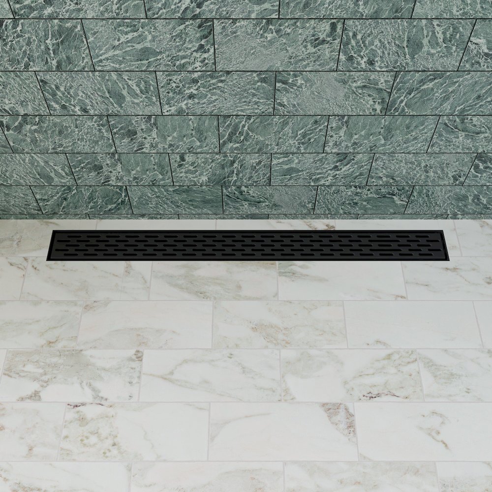 32" Black Matte Stainless Steel Linear Shower Drain with Groove Holes. Picture 2