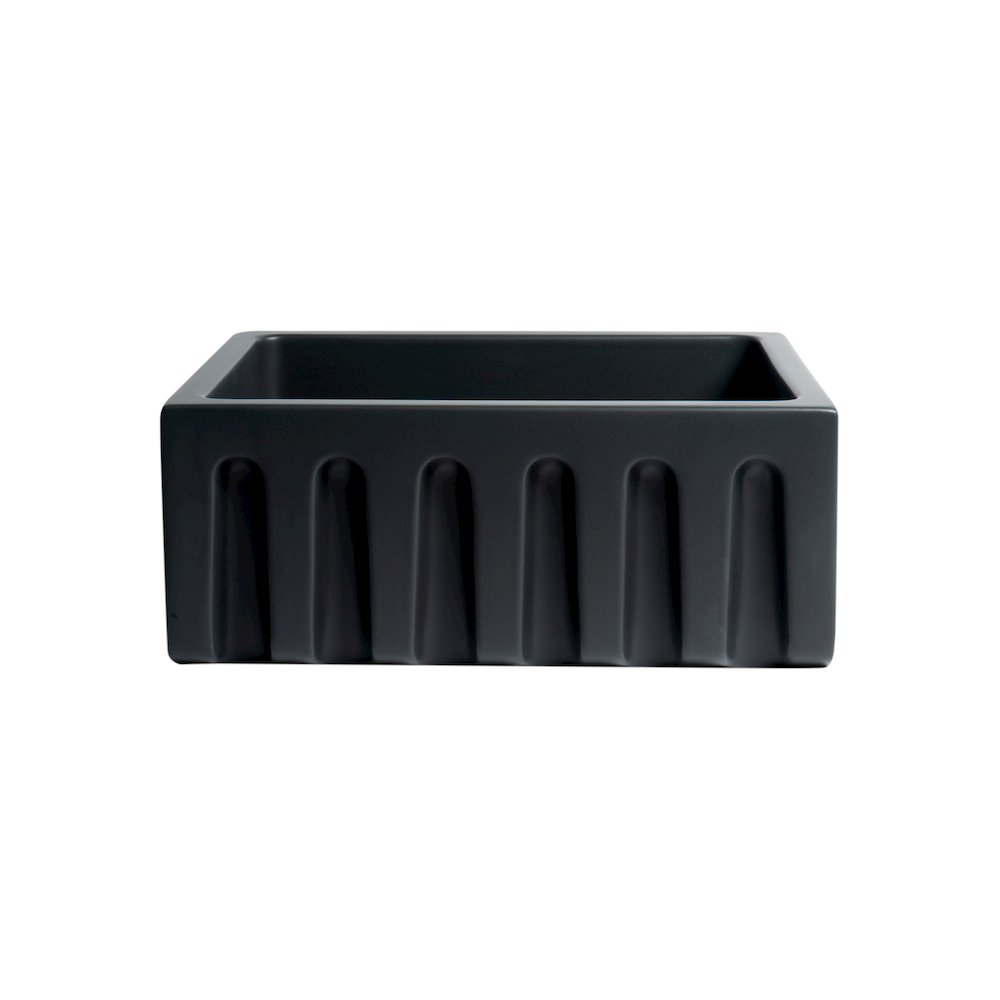 24" Black Matte Reversible Smooth / Fluted Single Bowl Fireclay Farm Sink. Picture 9