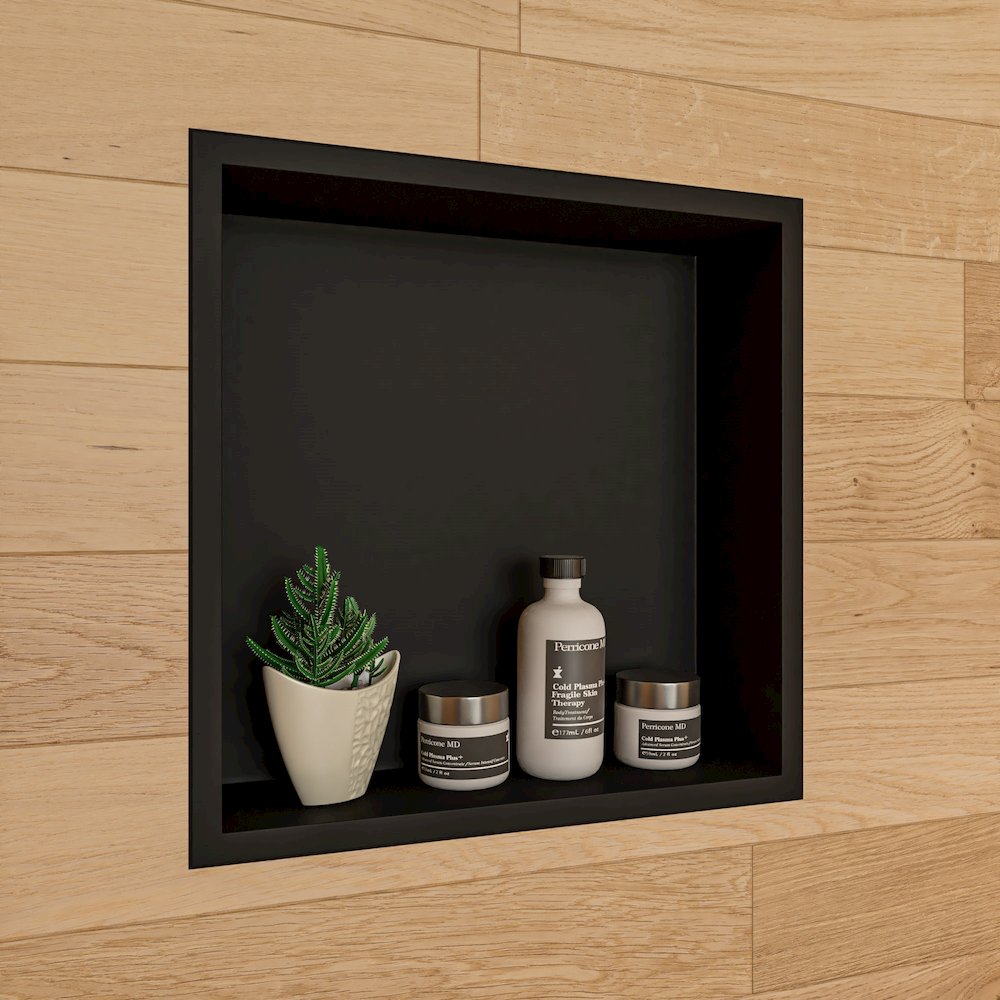 16" x 16" Black Matte Stainless Steel Square Single Shelf Bath Shower Niche. Picture 4