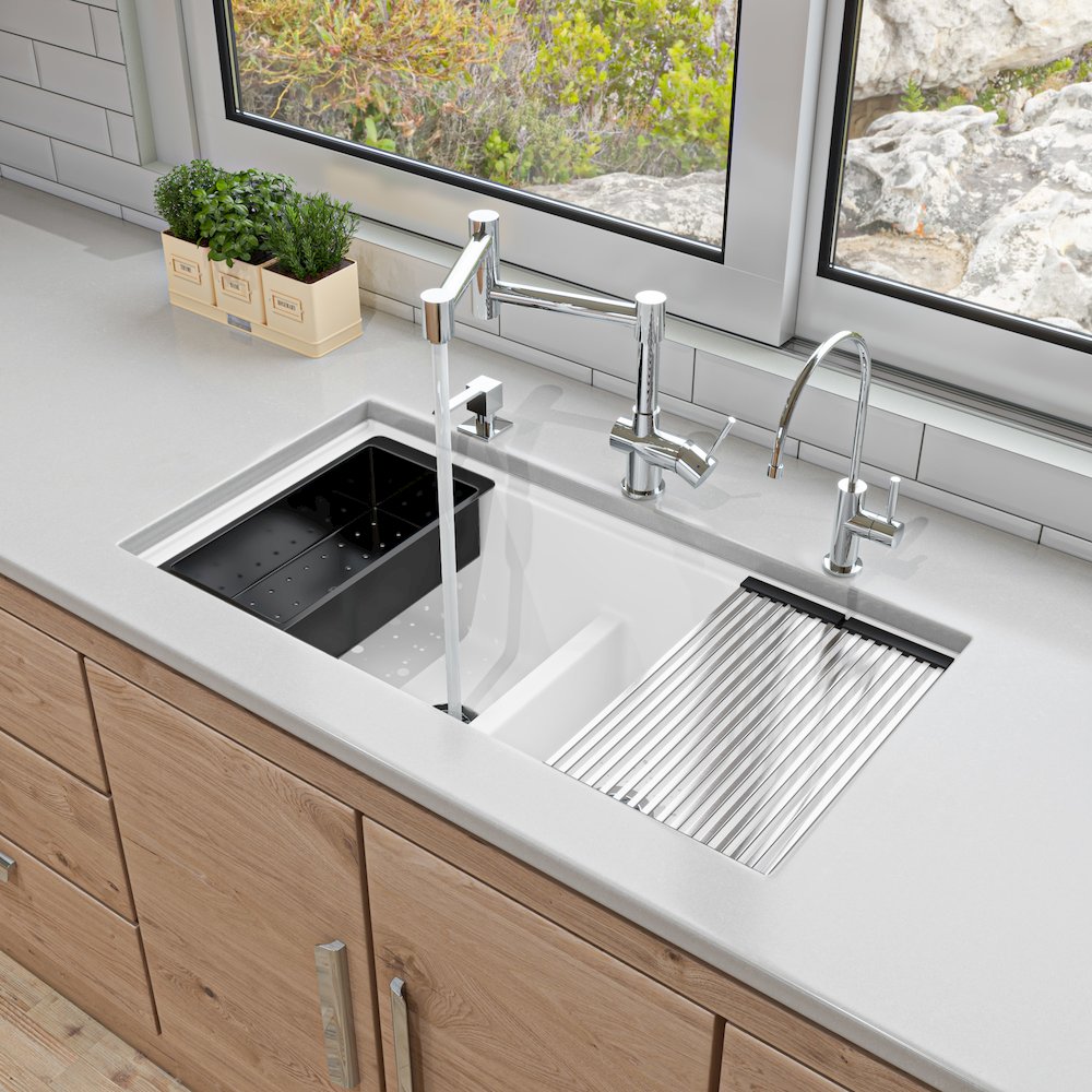 White 33" Granite Composite Workstation Step Rim Double Bowl Undermount Sink. Picture 2