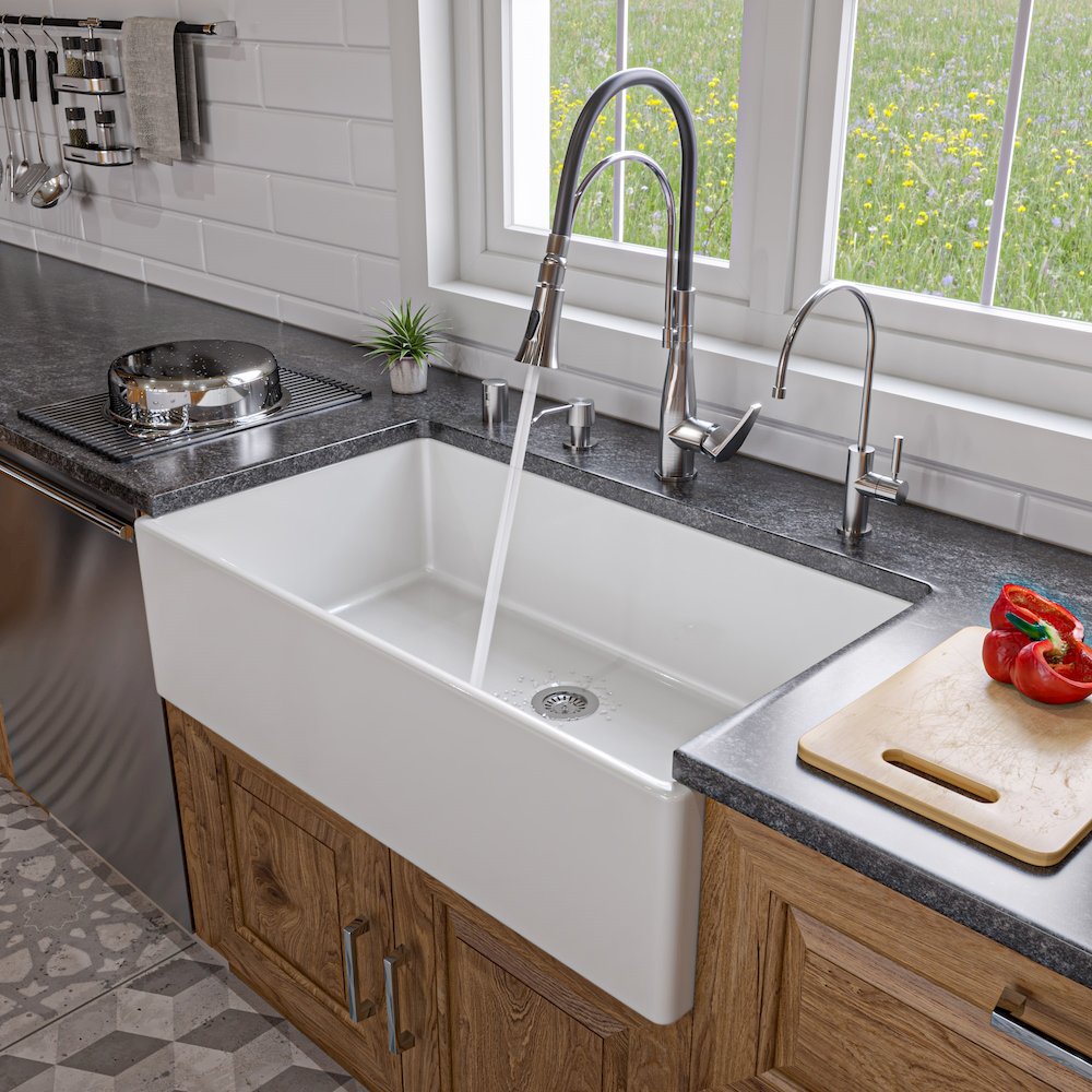 White 36" Smooth Apron Single Bowl Fireclay Farm Sink. Picture 5