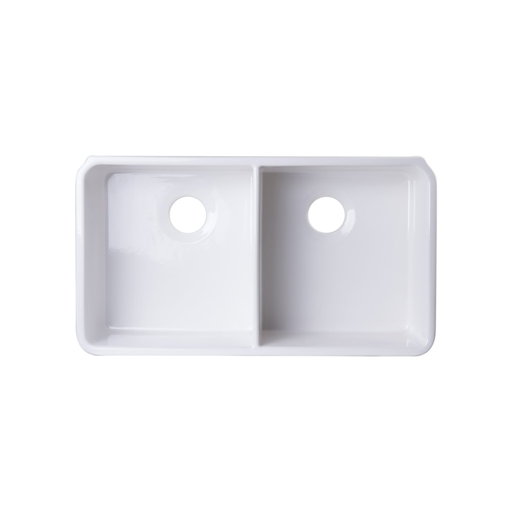 White 32" Double Bowl Lip Apron Fireclay Farmhouse Kitchen Sink with 1 3/4" Lip. Picture 8