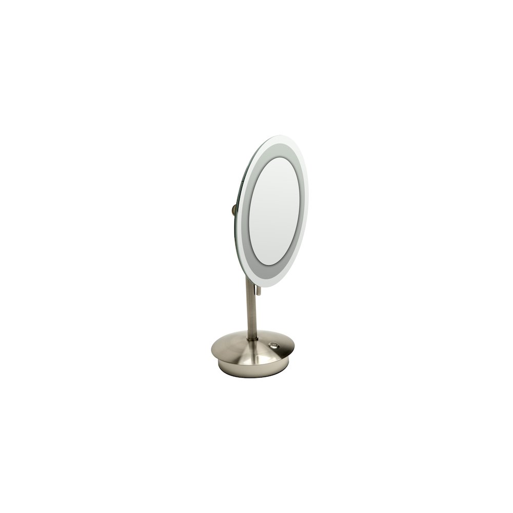 Brushed Nickel Tabletop Round 9" 5x Magnifying Cosmetic Mirror with Light. Picture 1