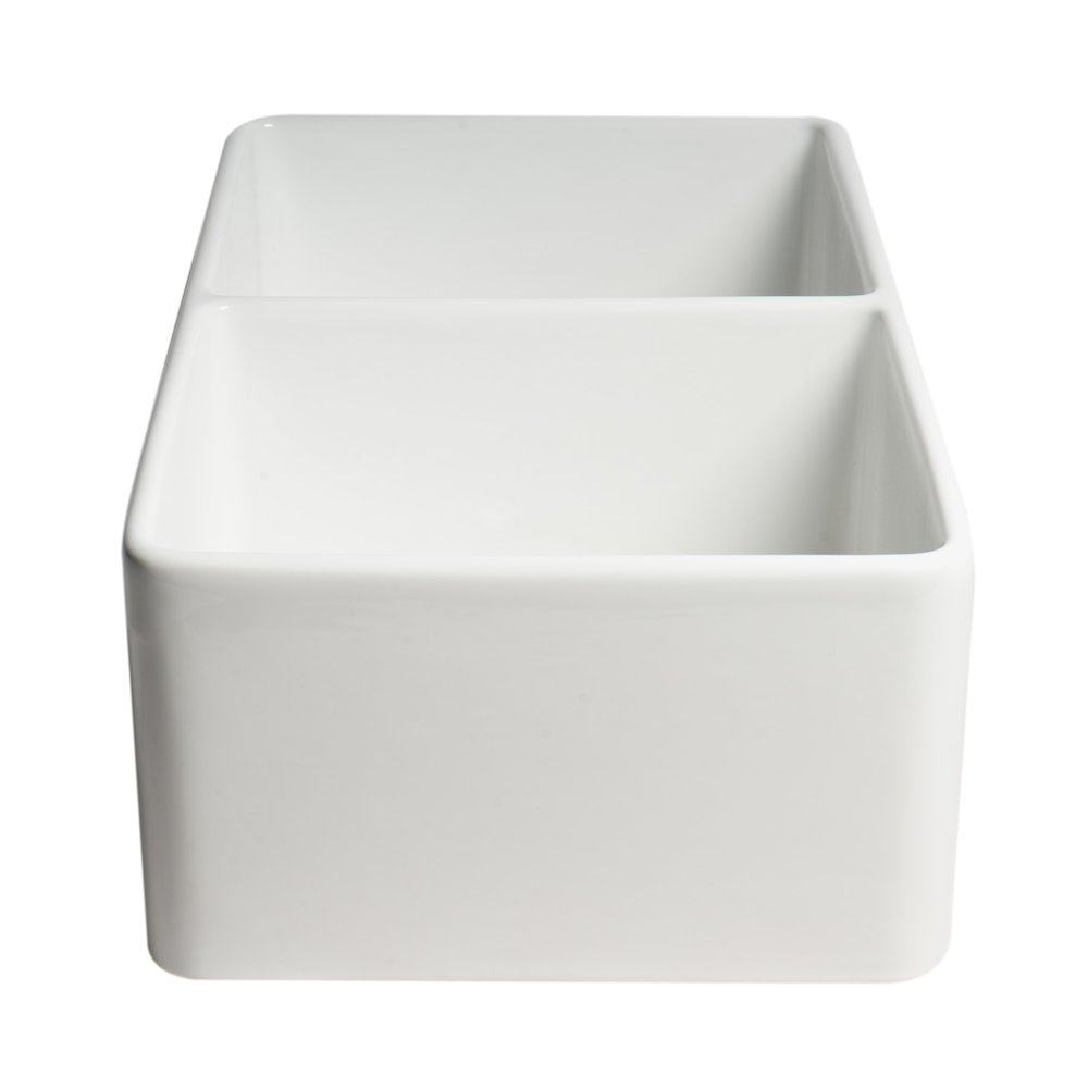 White Smooth Apron 33" x 18" Double Bowl Fireclay Farm Sink. Picture 6