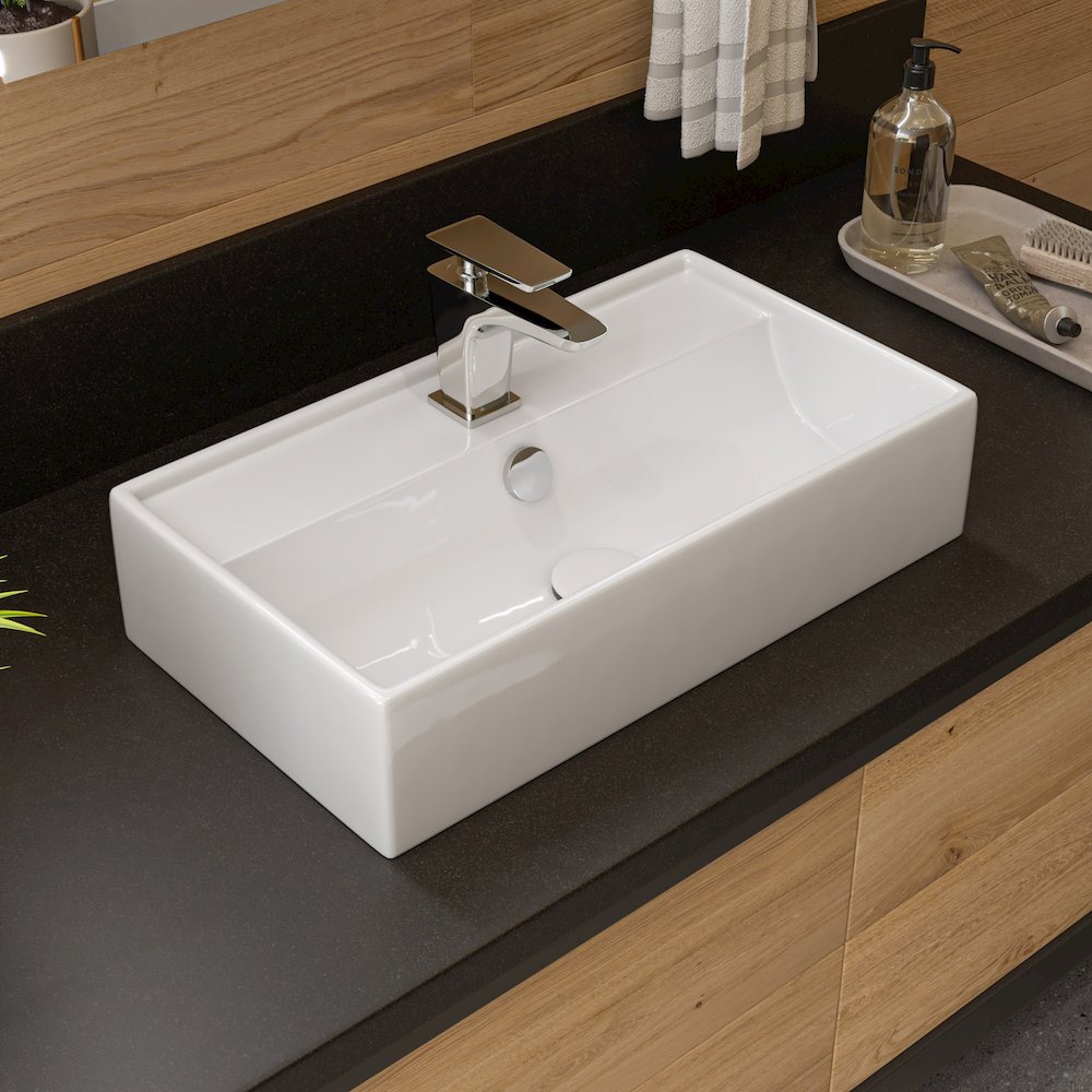 White 22" Rectangular Wall Mounted Ceramic Sink with Faucet Hole. Picture 2