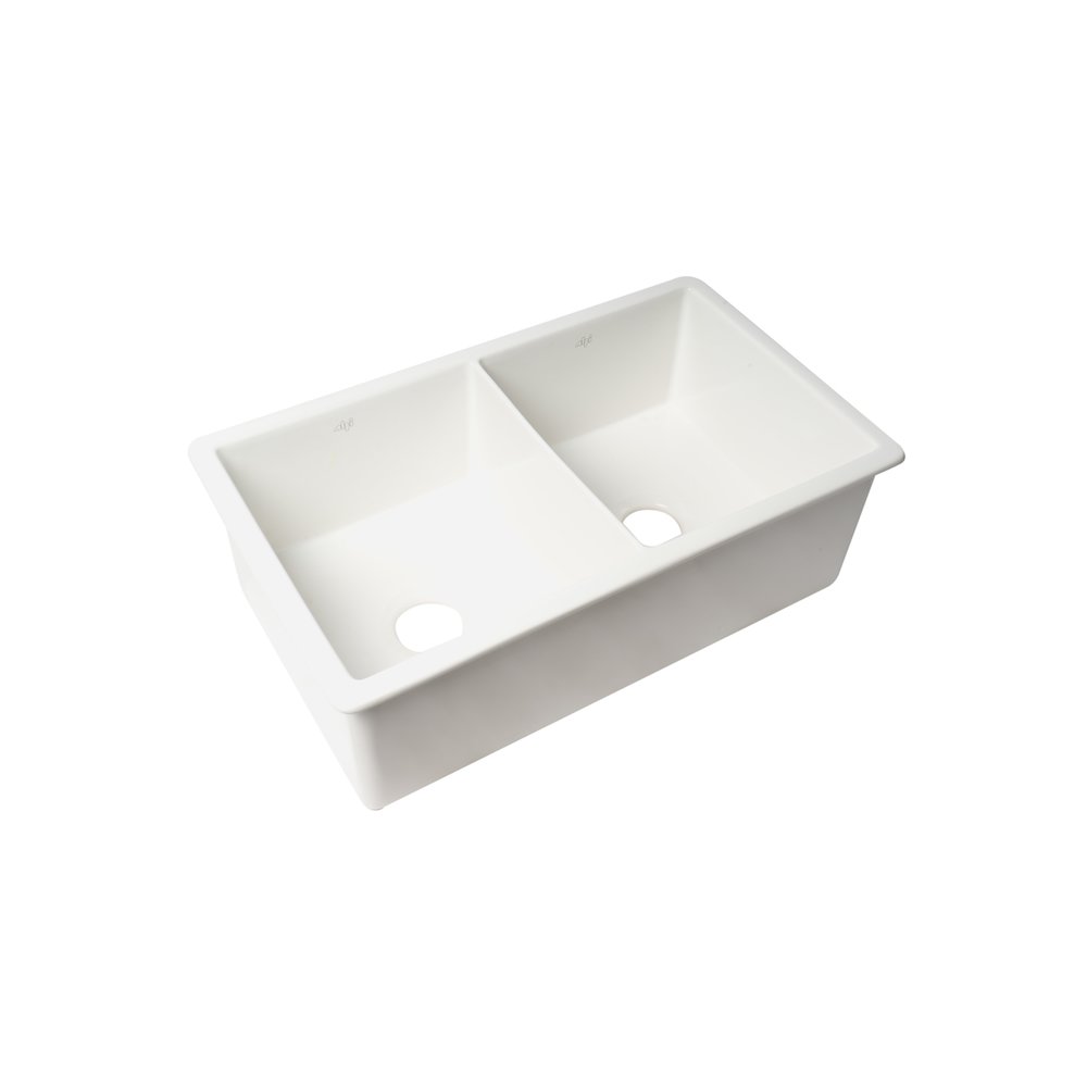 White 32" x 19" Double Bowl Fireclay Undermount / Drop In Kitchen Sink w Grid. Picture 1