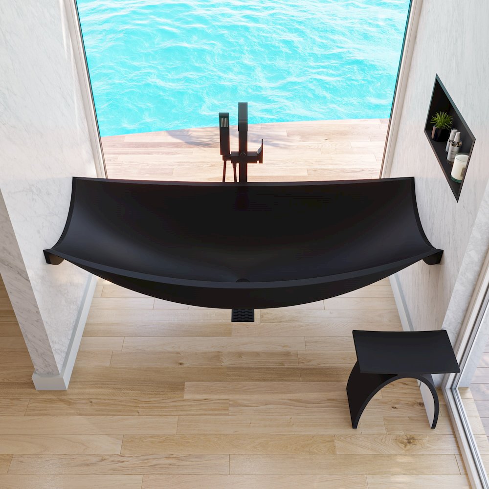Black Matte 71" Solid Surface Resin Suspended Wall Mounted Hammock Bathtub. Picture 6