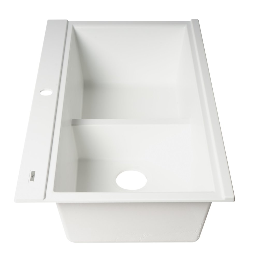 White 33" Granite Composite Workstation Step Rim Double Bowl Drop In Sink. Picture 6