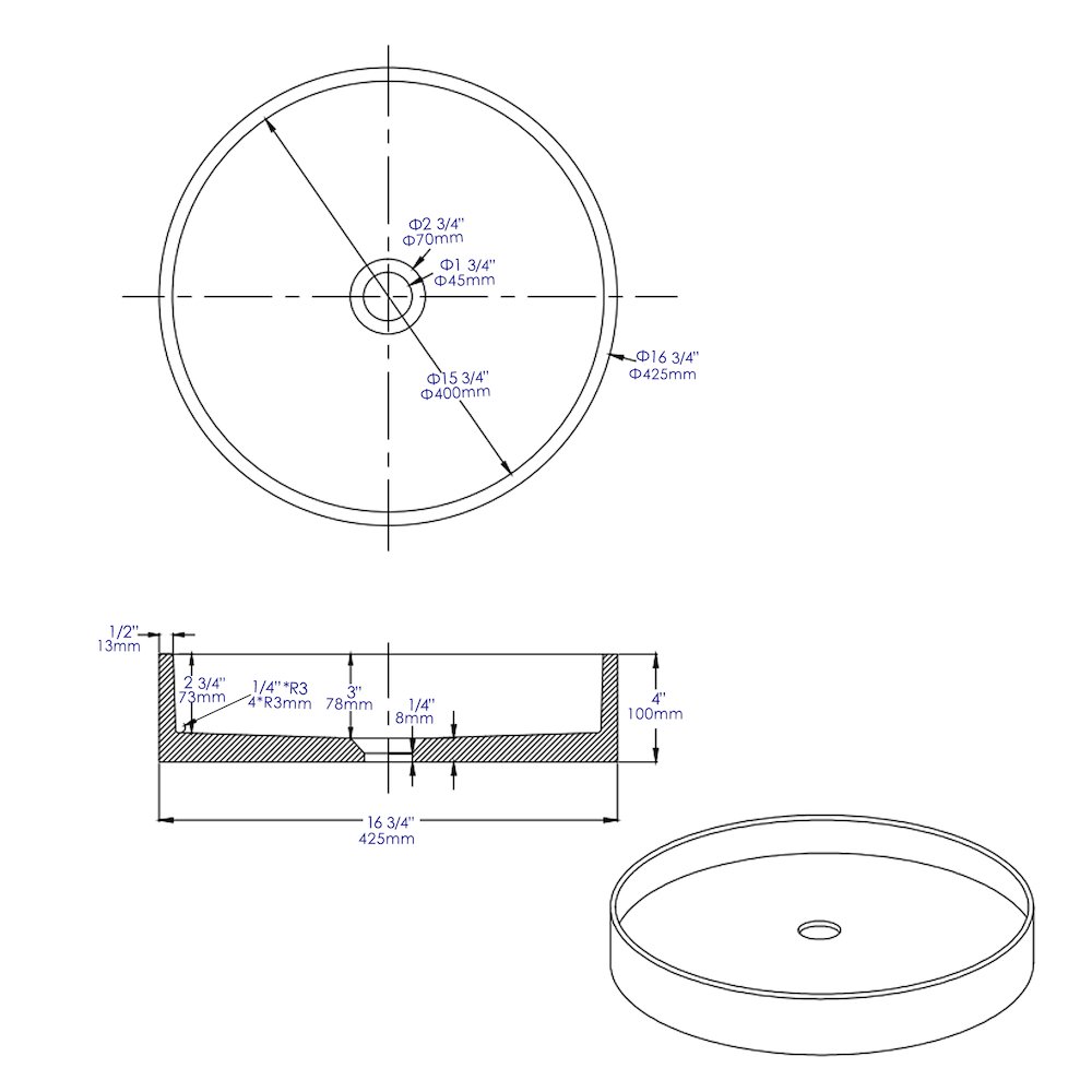 17" Round Solid Concrete Gray Matte Above Mount Bathroom Sink. Picture 10