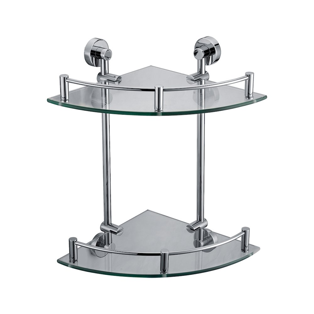 Polished Chrome Corner Mounted Double Glass Shower Shelf Bathroom Accessory. Picture 1