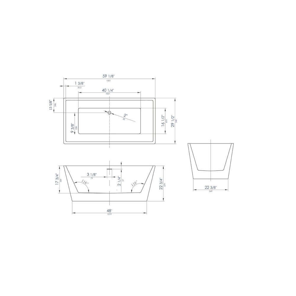 59 inch Black & White Rectangular Acrylic Free Standing Soaking Bathtub. Picture 6