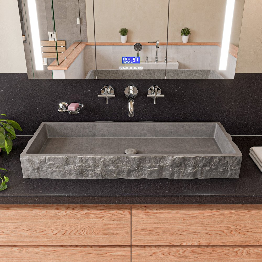39" Solid Concrete Gray Matte Trough Sink for the Bathroom. Picture 3