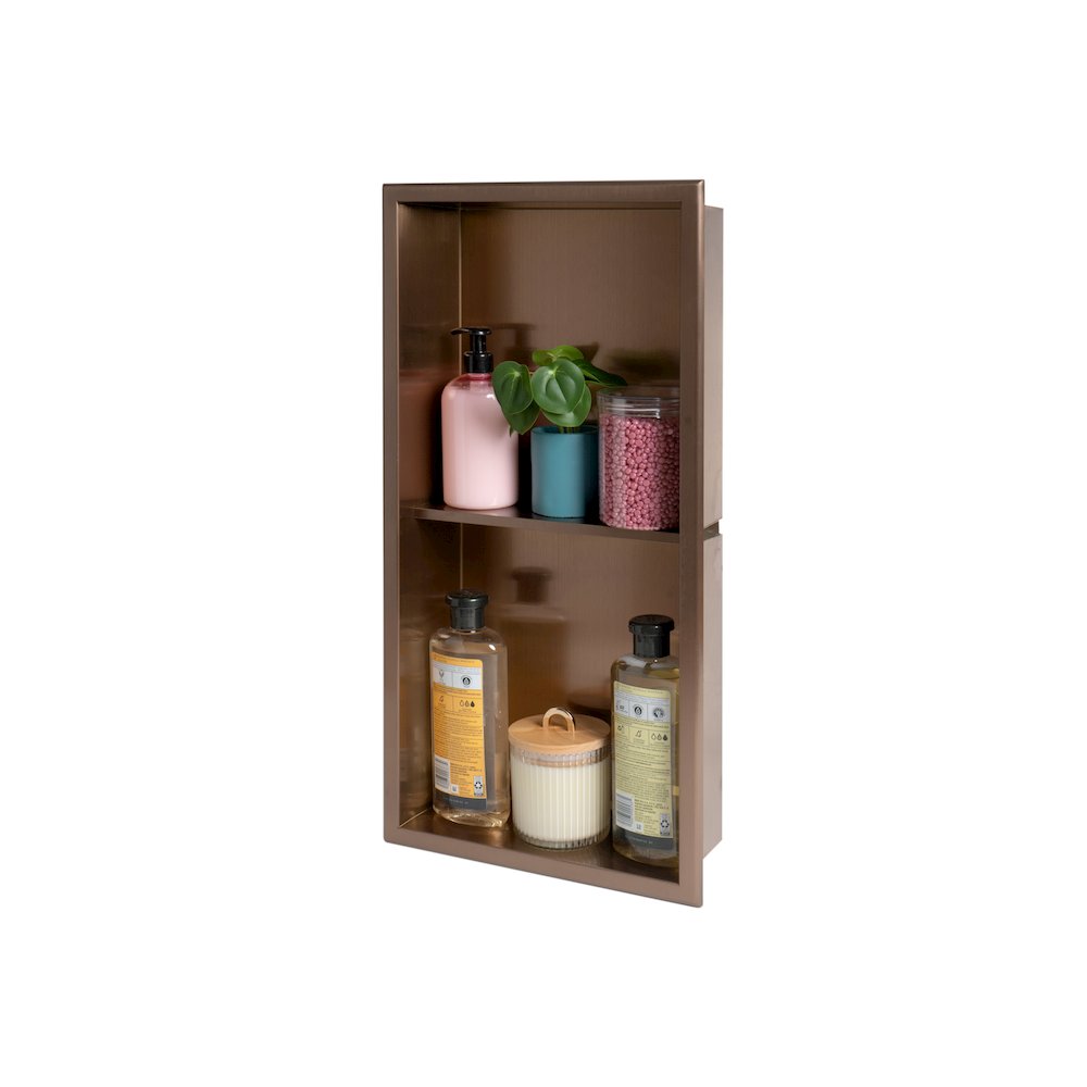 Brushed Copper PVD Stainless Steel Vertical Double Shelf Shower Niche. Picture 4