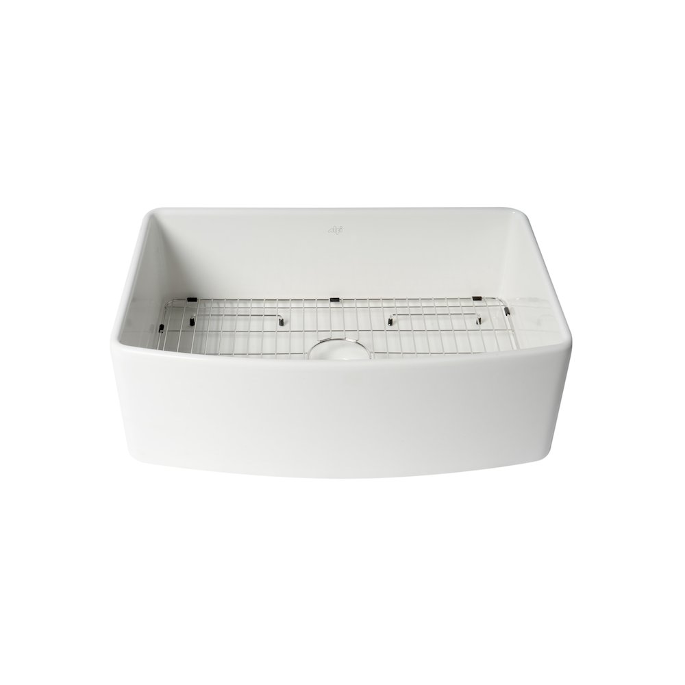 ALFI Brand White Smooth Curved Apron 30" x 20" Single Bowl Fireclay Farm Sink. Picture 1