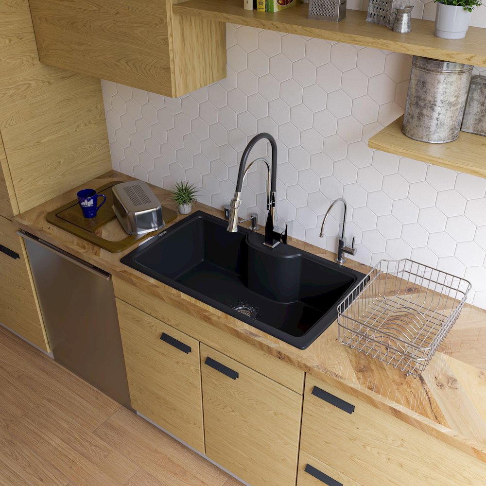 Black 35" Drop-In Single Bowl Granite Composite Kitchen Sink. Picture 4