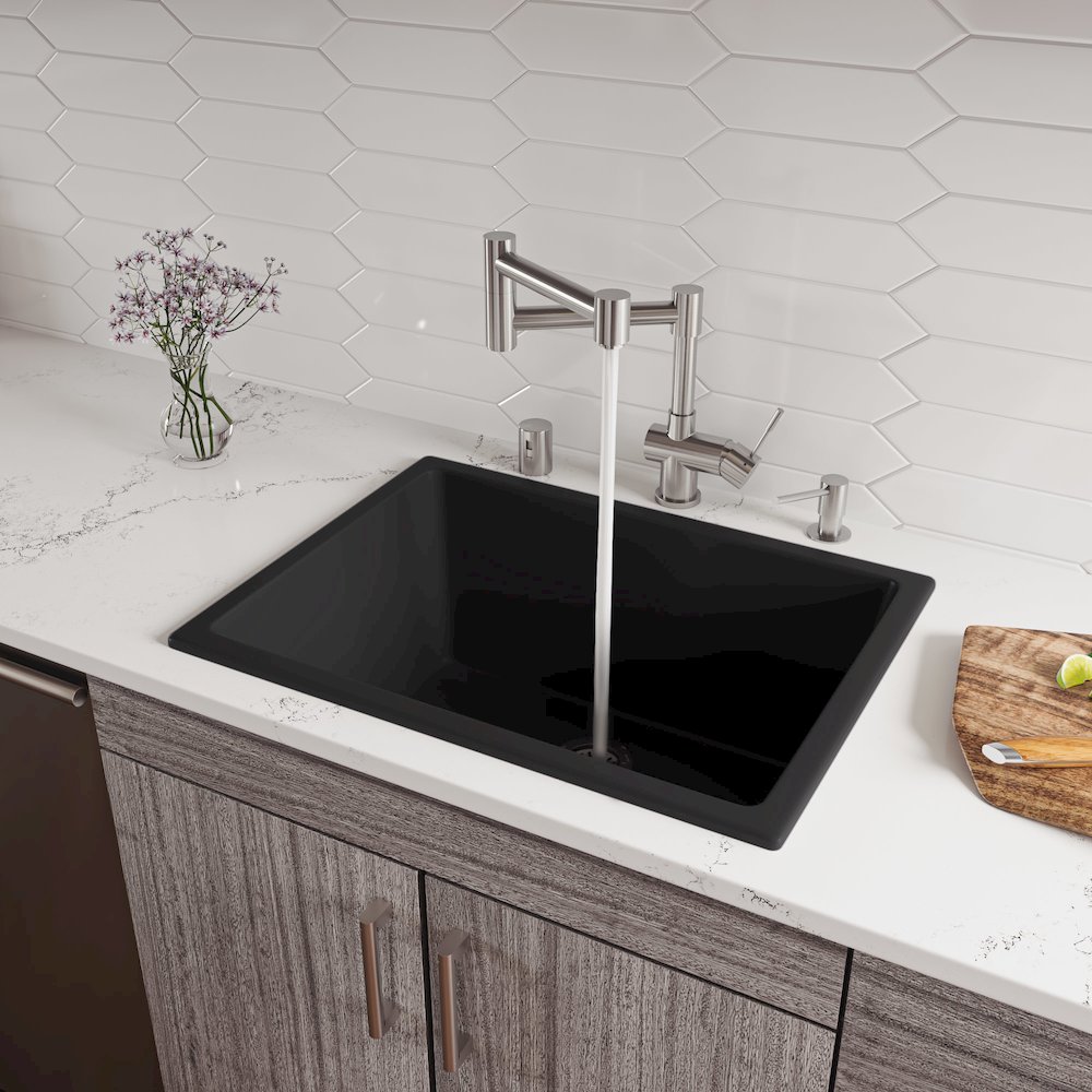 Black Matte 24" x 18" Fireclay Undermount / Drop In Fireclay Kitchen Sink. Picture 2