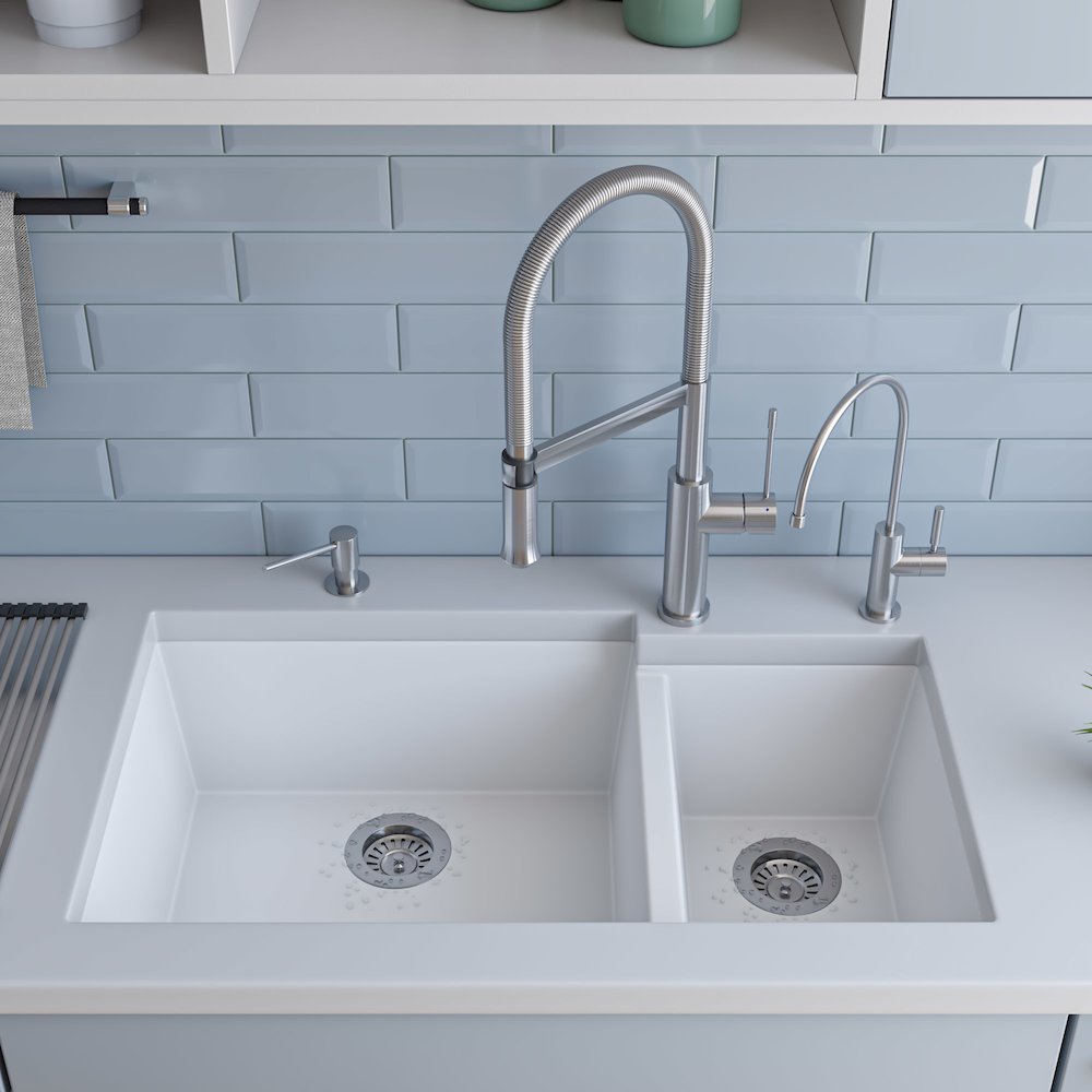 White 34" Double Bowl Undermount Granite Composite Kitchen Sink. Picture 3