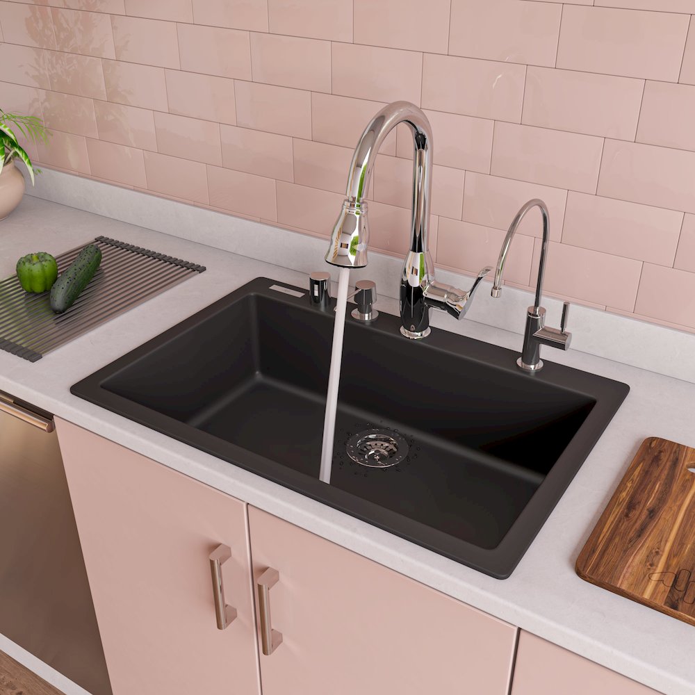 Black 30" Drop-In Single Bowl Granite Composite Kitchen Sink. Picture 2