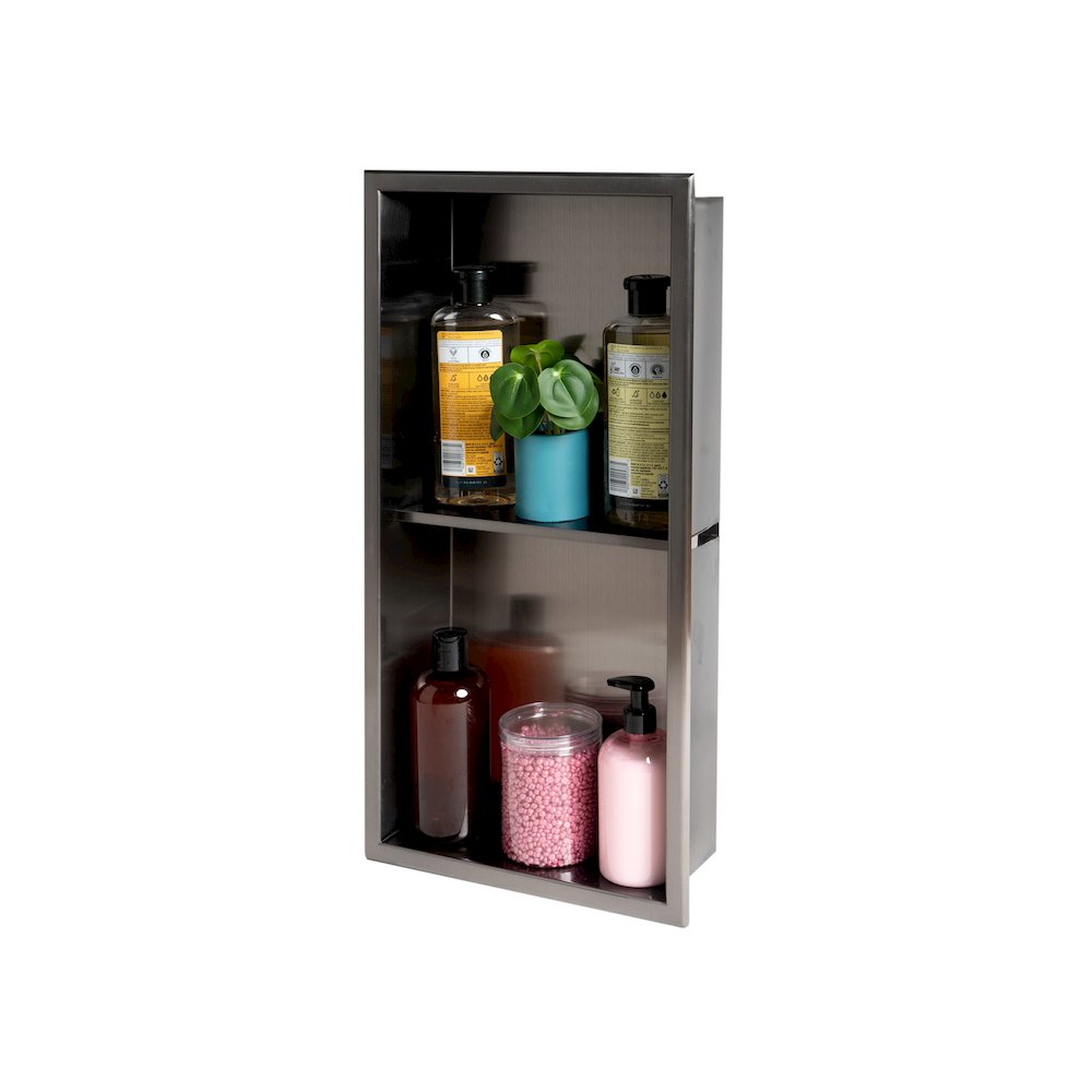 12" x 24" Brushed Black PVD Stainless Steel Vertical Double Shelf Shower Niche. Picture 5