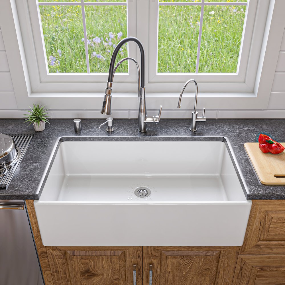 White 36" Smooth Apron Single Bowl Fireclay Farm Sink. Picture 6