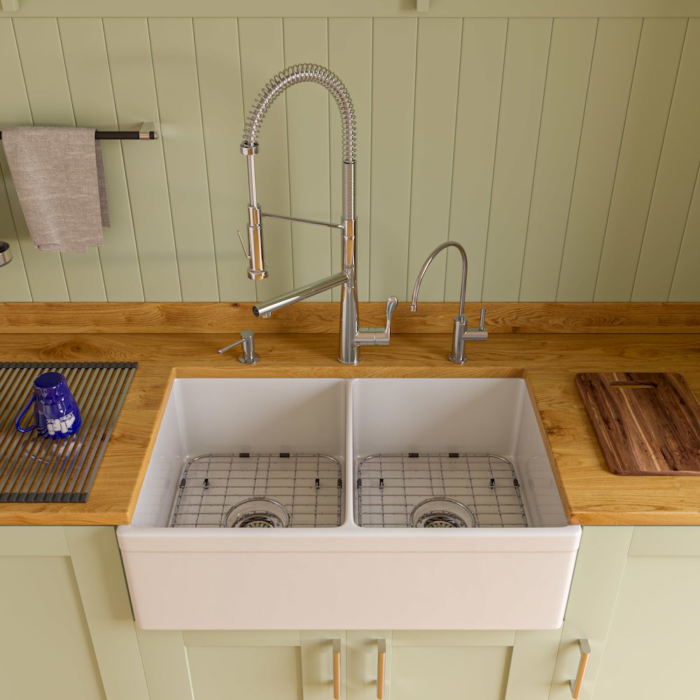 White 32" Decorative Lip Apron Double Bowl Fireclay Farmhouse Kitchen Sink. Picture 3