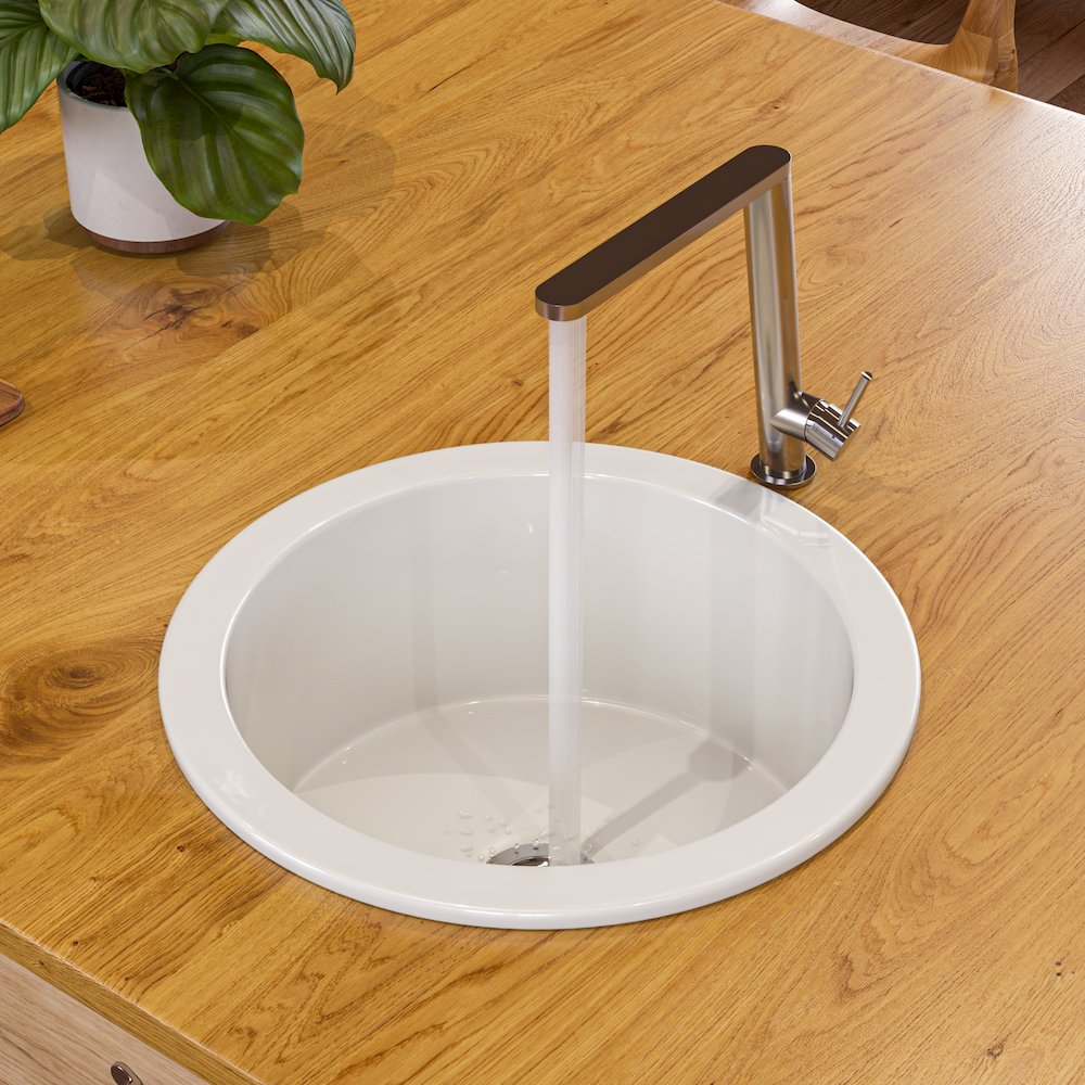 White Round 18" x 18" Undermount / Drop In Fireclay Prep Sink. Picture 6