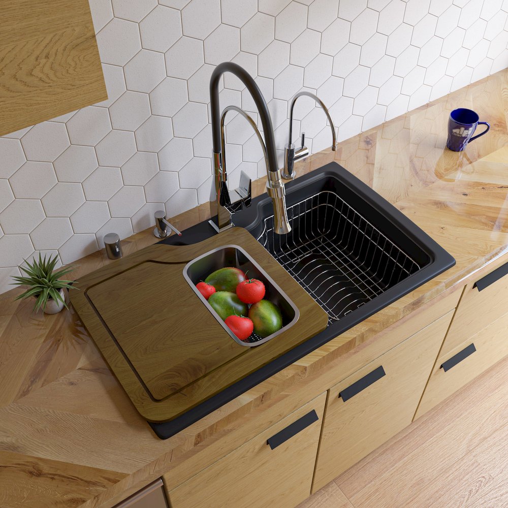 Black 35" Drop-In Single Bowl Granite Composite Kitchen Sink. Picture 5